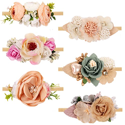Image of 6PCS Baby Girl Flower Nylon Headband-Elastic Hair Band Handmade Bow For Newborn Infant Toddler (Flowers-1, L)