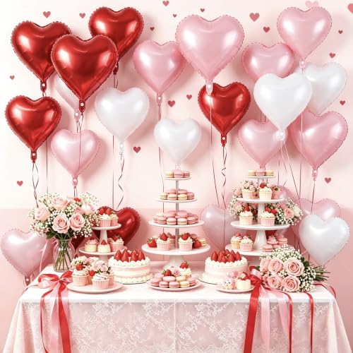 Image of 50 Pcs Red Pink White Heart Balloons,5 Inch and 10 Inch Heart Foil Balloons Love Balloon Valentine Balloon for Birthday Party Wedding Engagement Party Baby Shower Valentine Day Decorations