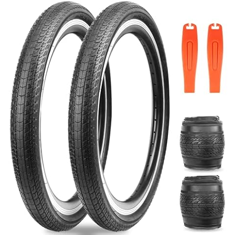 MEGHNA Bike Tire 20 x 1.75 inch Mountain Bike Tire with Bike Tire Lever Foldable Tire Replacement for Mountain Bike BMX Freestyle Kids Bike Folding Bike Cruiser Bike, 2 Pack Cover