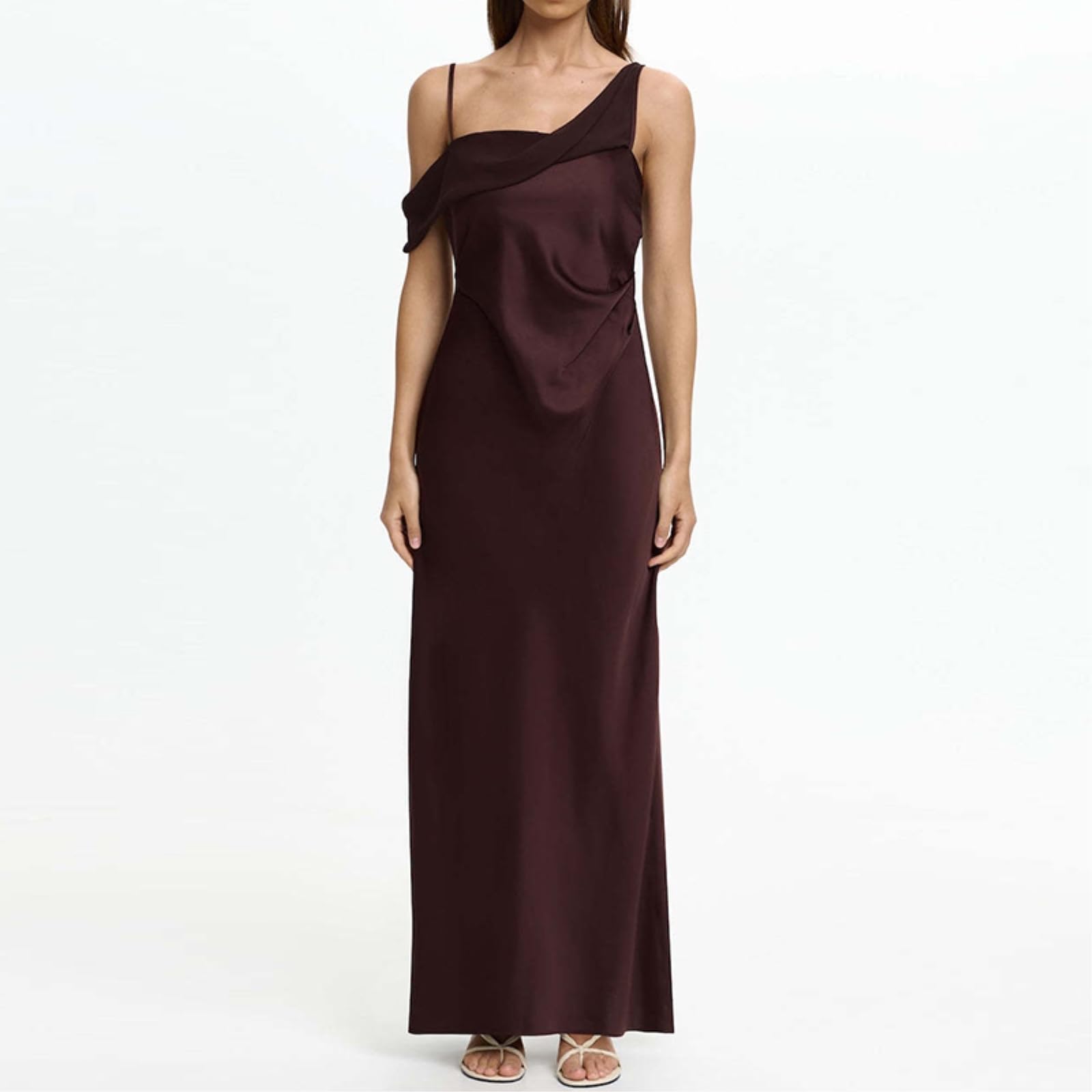 Abito Donna Una Spalla Raso Maxi Asimmetrico Drappato da Sera, Mucca Cinturina Asimmetrica Abito-05 Blue-s