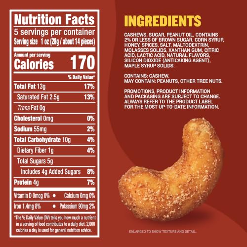 Image of PLANTERS Cinnamon & Brown Sugar Cashews, Plant Based Protein, 5 Oz (1 Ct)