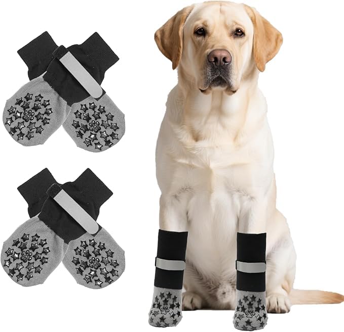 Image of KUTKUT Anti Slip Dog Socks to Prevent Licking Paws for Hardwood Floors, Boots & Paw Protector Socks for Hot /Cold Pavement with Grippers, Double Sides Grips for Medium Senior Dogs(SIZE:XL: L*W: 20*8cm)