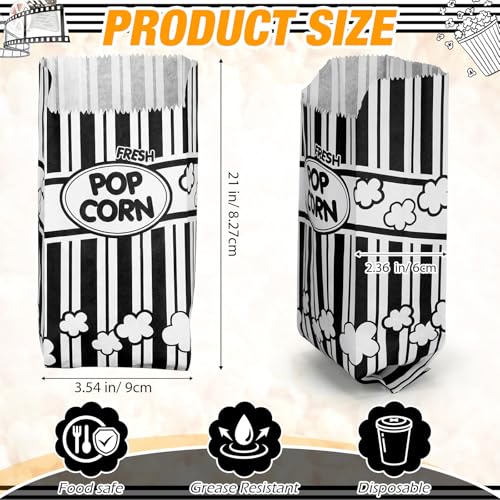 Image of Potchen 300 Pcs Popcorn Paper Bags Disposable Grease Resistant Striped Popcorn Container for Movie Night Carnival Party Theater(Black,1 oz)