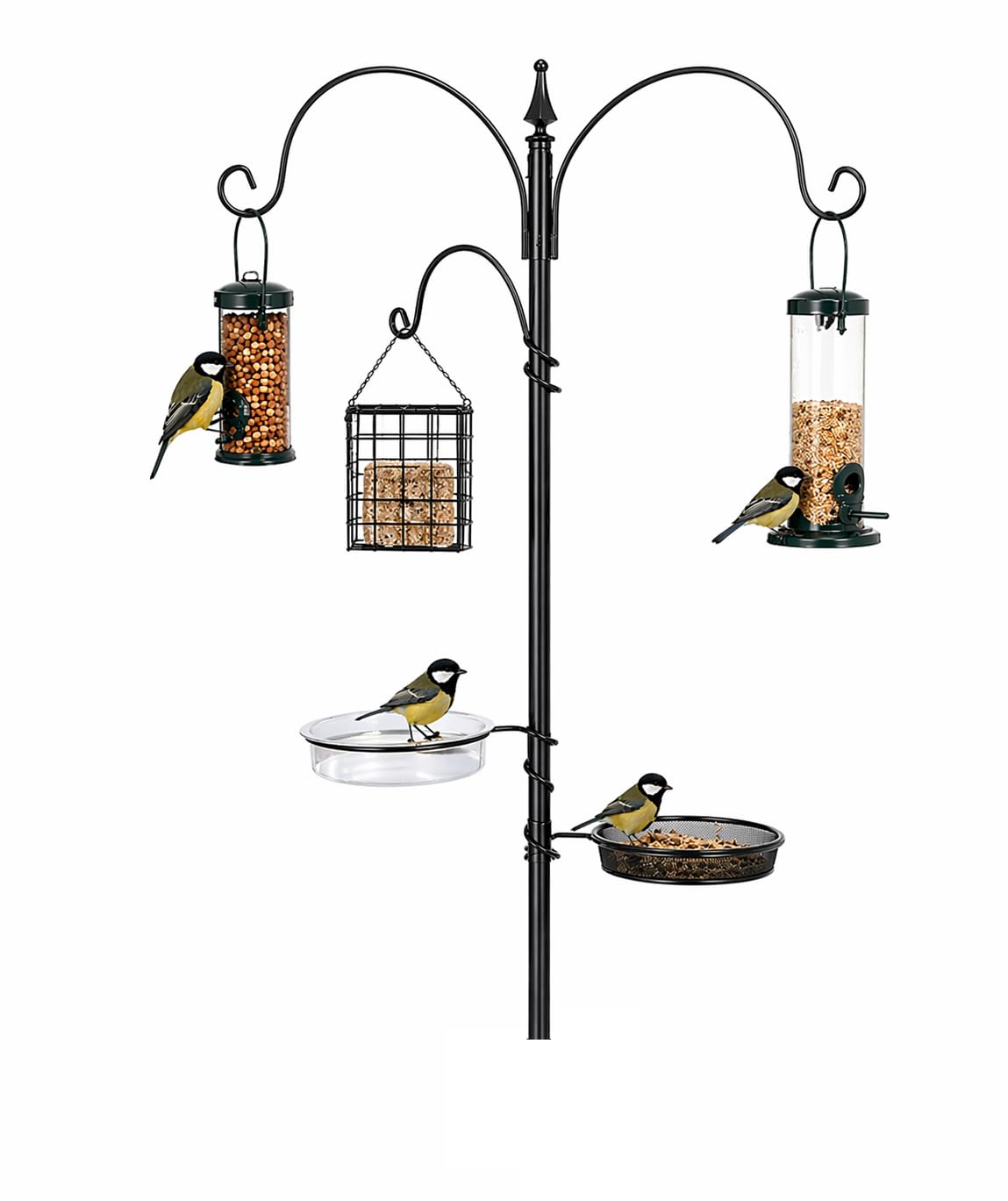 DIVCHI Bird Feeders Hanging Station With 3 Tubes And 3 Hooks, Feeding Pole Metal Bird Feeder Stand, Feeders For Small Birds Garden Decorations (Feeder Included) (Dark Black)