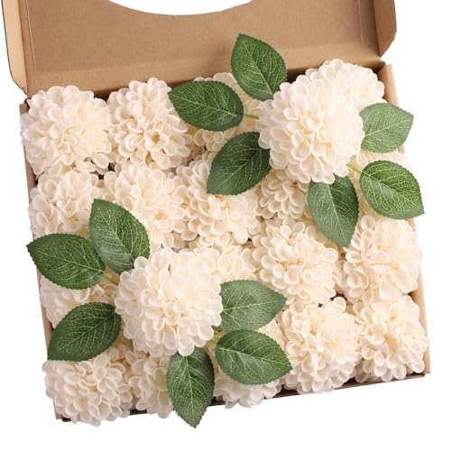 N&T NIETING Lot de 20 fleurs artificielles de dahlia avec feuilles et tiges - Crème - Pour mariage, bouquets de fleurs, centres de table, décoration d'intérieur