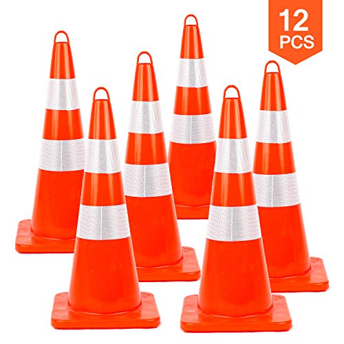 12PCS Traffic Safety Cones 28'' inches with Reflective Collars PVC Unbreakable Orange Construction