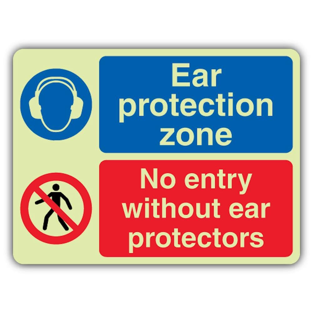 V Safety Photoluminescent Ear Protection Zone - No Entry Without Ear Protectors Safety Sign - 300 x 225 mm - 1.2mm Rigid Plastic - Double Glow