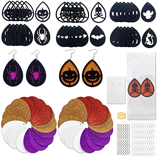 AOUXSEEM 253 Pcs Halloween Faux Leather Earrings Making Kit, Include Hollow Teardrop Pre Cut Pieces With Halloween Pattern, Teardrop Pieces, Earring Hooks Jump Rings Opener Self-Adhesive Bags