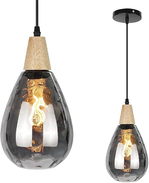 ASCELINA Pendant Light Glass Shade, Modern Adjustable Pendant Lighting Teardrop Shape Glass Ceiling Pendant Light E27 Lamp Base for Dining Room Kitchen Island Living Room Restaurant Bar (Grey, 1 Pack)