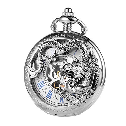 TREEWETO Mens Antique Skeleton Mechanical Silver Pocket Watch Dragon Hollow Hunter with Chain and Box
