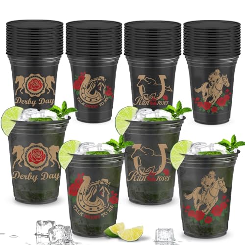 M AMFEOV Derby Plastic Cups Bulk 48 Pcs Black Mint Julep Cups for Derby Party Decorations Supplies 16oz Plastic Mint Julep Cups for Horse Racing Party Supplies Decor