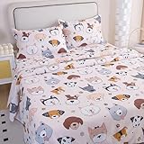 WFFFa 4 Piece Dogs Printed Bed Sheet Set,Soft Breathable Fabric Flat Sheet Extra Deep Pocket Fitted Sheet and Pillow Cases Set (Cream, Full)