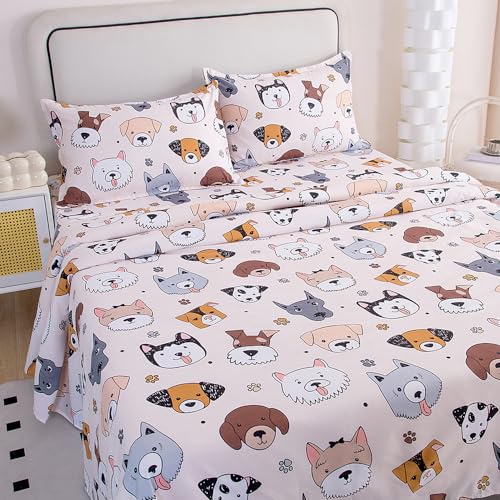 Generic WFFFa 3PC Dogs Printed Bed Sheet Set for Kids,Soft Breathable Fabric Flat Sheet Deep Pocket Fitted Sheet and Pillow Cases Set (Cream, Twin)