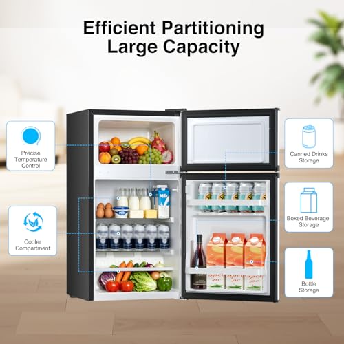 Image of Kismile 2.6Cu.Ft Mini Fridge with Freezer Compact Refrigerator Double Door | Mechanical Thermostat, Energy Saving Small Fridge with Removable Shelves&Interior Light, Quiet for Dorm Bedroom Office,Silver