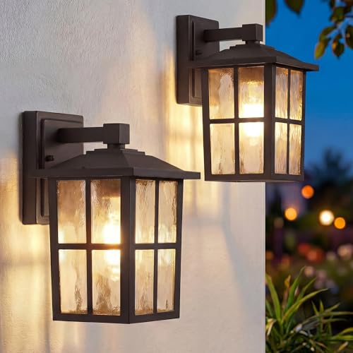 Image of NEWSEE Outdoor Wall Lights 2 Pack Mains Powered, Lantern Light Waterproof Outside Wall Lamp with Clear Shade, Security Lights for Garden, Garage, Patio, Terrace, Hallway, Brown