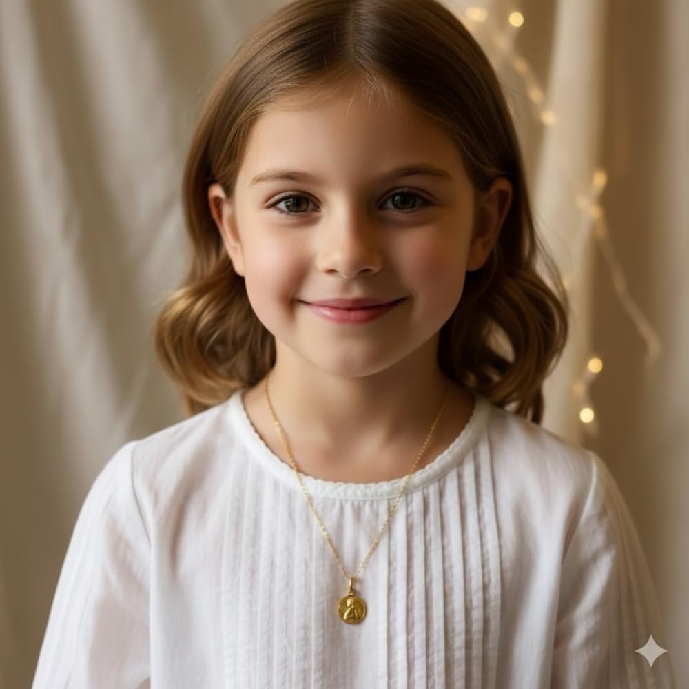 Collier - Enfant - Médaille - Ange - Baptême - 16 mm - Plaqué Or Jaune 750 - Fabriqué en France - Forçat 45 cm