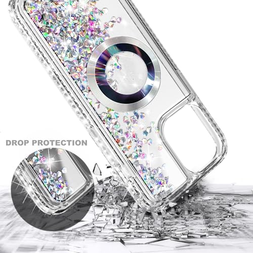 WDHD Designed for iPhone 14 Pro Max Magnetic Case Compatible with MagSafe, Tempered Glass Screen Protector/Camera Lens Protector/Wrist Strap Lanyard, Glitter Floating Liquid Cute Case (Diamond)