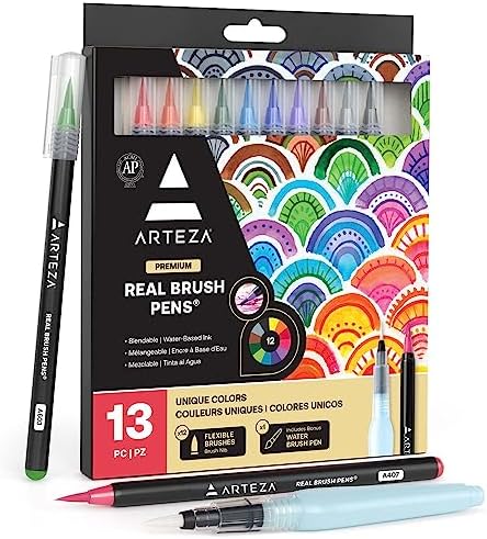 ARTEZA Real Brush Pens, 12 Pack, Multicolor Drawing Markers with Flexible Brush Tips, Watercolor Markers for Calligraphy, Painting & Coloring - Ideal Art Supplies for Artists, Journalists & Hobbyists