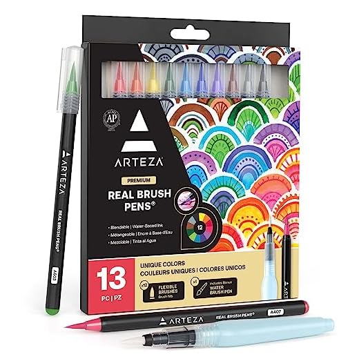 ARTEZA Caja de 12 rotuladores de pincel | Pinceles con tinta de agua | 12 colores individuales | Ideales para caligrafía y coloreado