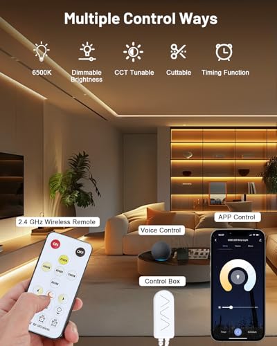 Image of COB LED Strip Lights 32.8ft, Dimmable White CCT Tunable 2300K-6500K, DC 24V High Lumen Cuttable LED Tape Light, 6080 LED 48W CRI 90, APP Remote Control, Music Mode, For Home DIY, Living Room, Bedroom