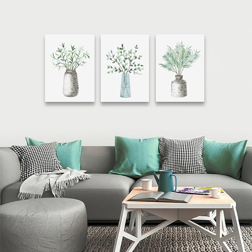 DZRWUBHS Canvas Wall Art For Dining Room Kitchen Wall Decor For Bedroom Office Decor Paintings Family Living Room Wall Decoration Green Leaf Vase Wall Pictures Artwork Room Home Walls Decor 3 Piece