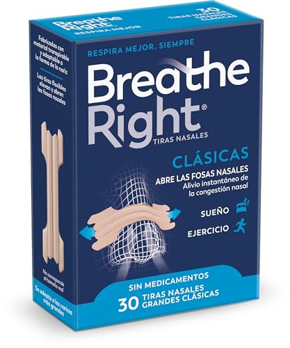 Breathe Right Clásicas   30 Tiras Nasales/Alivio de la congestión nasal/Ayuda a reducir los ronquidos/Tiras nasales para respirar mejor/Sin Medicamentos (Grande)
