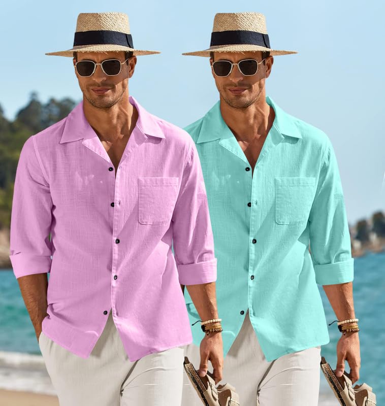 Image of Combo of Men's Casual Cotton Blend Shirt || Long Sleeve Button Down with Spread Collar | Lightweight Breathable Fabric | Stylish Solid Shirt for Beach, Office & Everyday Wear Pack of 2