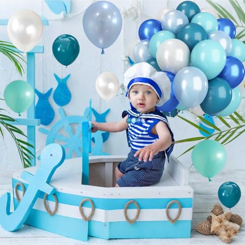 Image of Teal Blue White Balloons 12Inch Under The Sea Balloon Ocean Balloons Turquoise Pearl Metallic Blue and White Latex Balloon for Boys Men Birthday Baby Shower Pool Beach Party Decorations