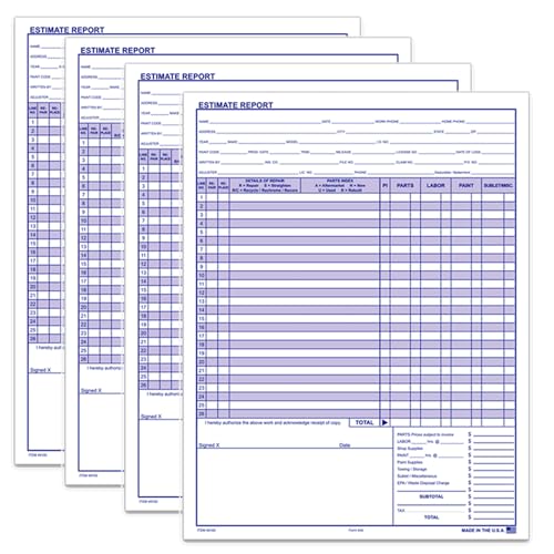 Auto Body Repair Estimate Forms 8.5" x 11" 50-8 Pads (50 Sheets per Pad)
