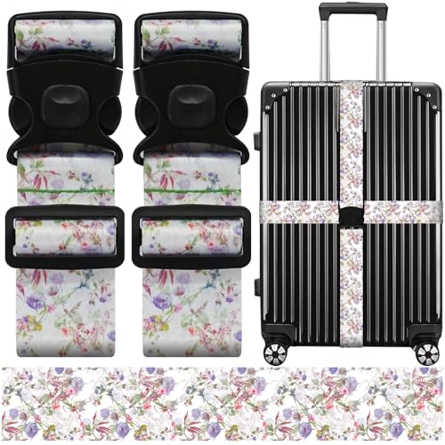 Image of Luggage Straps for Suitcases, Travel Adjustable Belt with Quick Release Buckle, Heavy Duty Nylon Bag Packing Strap, Unique Bright Identifiers Business Travel Accessories (2 Pack) - Purple Flowers