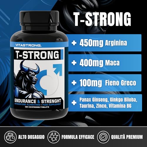 Vitastrong Vitality Complex - 120 capsule T-Strong con arginina, taurina, maca, fieno greco, ginseng, ginkgo, zinco, vitamina B6 - Energia, benessere maschile e supporto alle prestazioni - 2