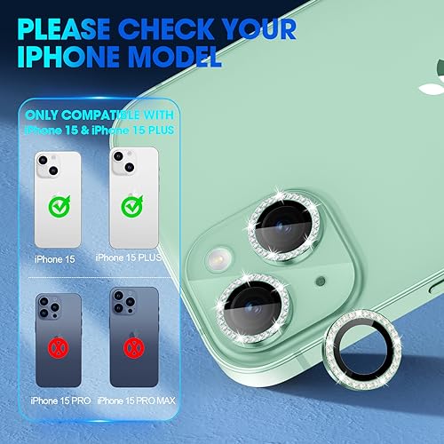 Image of Tempered Glass Camera Lens Protector Compatible For Iphone 15 /15 Plus Bling,Individual Metal Diamond Ring 9H Hardness Scratchproof Protector,Stylish Accessories,Case Friendly(Green Diamond)