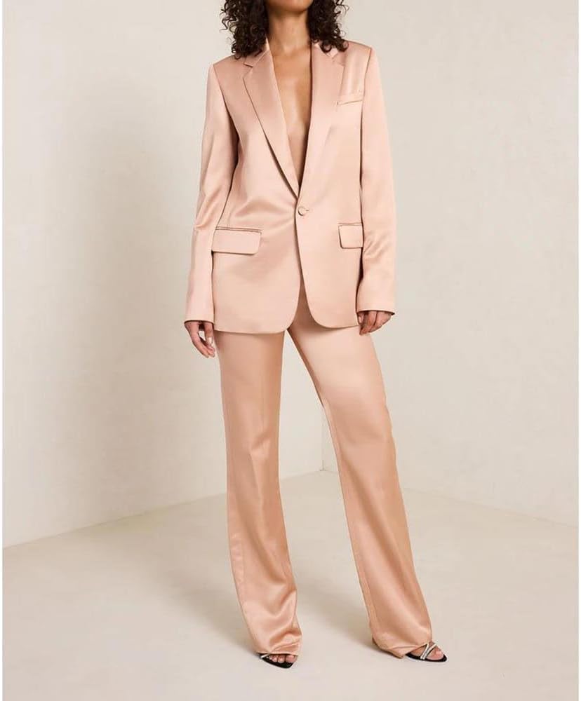 Women Notch Lapel Single Button Satin Glossy Blazer Pants Luxury Banquet Formal Wear