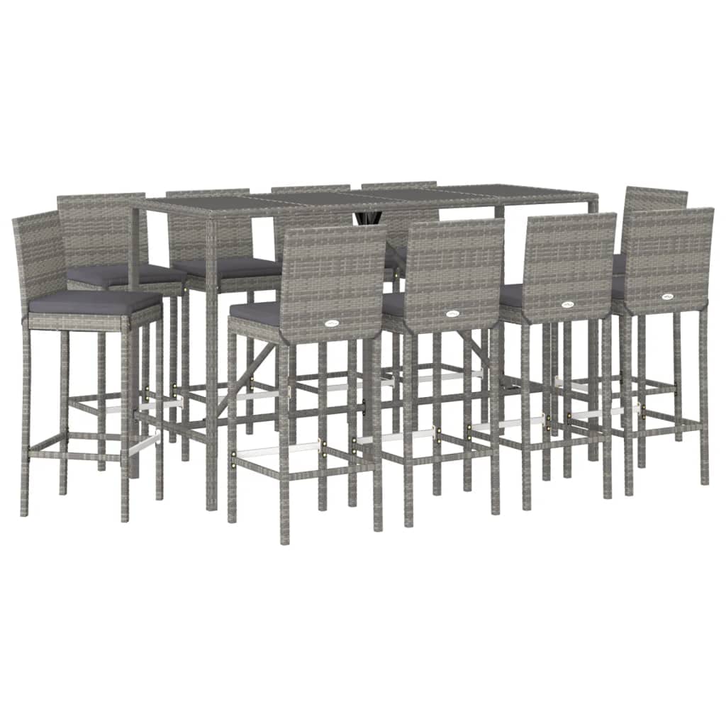 vidaXL Ensemble de Bar de Jardin 11 pcs avec Coussins Gris Poly rotin, Ensemble de Table de Bar, Table et Chaise de Bar, Ensemble Table de Bar et Tabouret