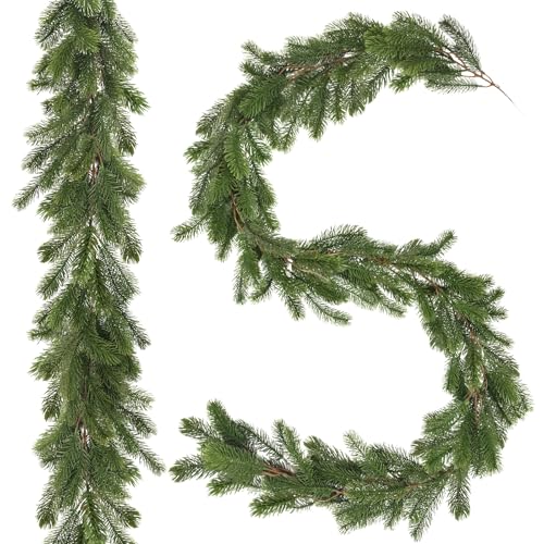 ROLLWAY 2 Stück Tannengirlande Künstlich wie echt 195cm Künstliche Tannengirlande Spritzguss Tannenzweige Girlande Tannen Weihnachtsgirlande Deko Weihnachten Tannengrün Winter für Treppe Kamin Tisch