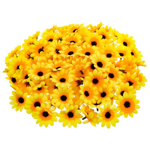 Bremorou Lot de 100 fleurs de tournesol artificielles jaunes - Mini tournesol décoratif en tissu - Décorations florales pour couronnes, mariage, décoration...