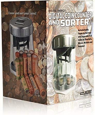 Automatic Coin Sorter Electronic Coin Counter with Starter Coin Wrappers - Digitally Keeps Count of and Automatically Sorts U.S. Quarters, Dimes, Nickels and Pennies into Individual Tubes