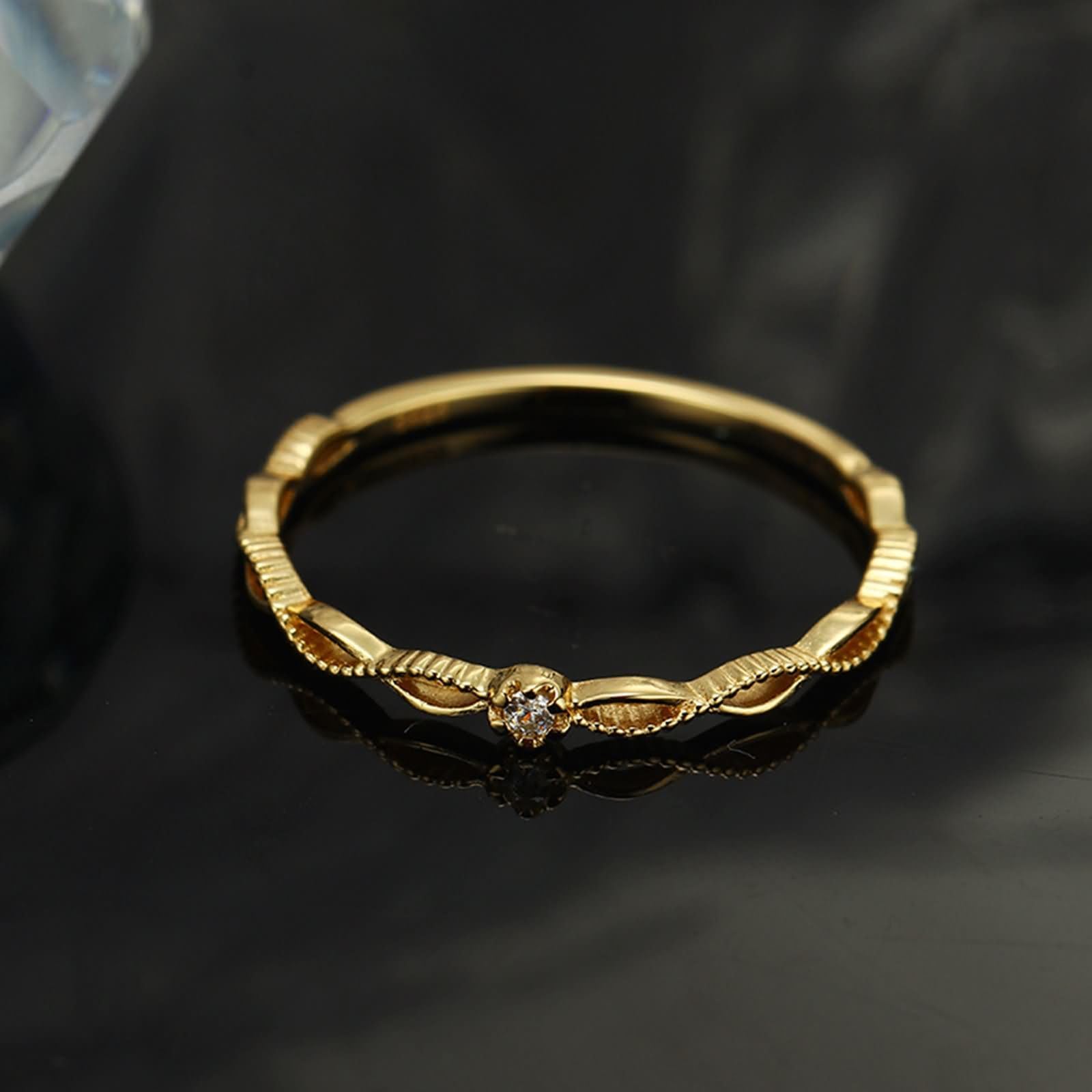 Anillo apilable de oro amarillo de 9 quilates, 14 quilates y 18 quilates, fino para mujer, anillo de diamante infinito clásico y delicado de oro real