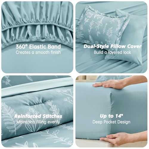 Image of MUXHOMO Oversized Queen Comforter Set, Gray Blue Elegant Floral Print Bed in a Bag 7 Pieces, Soft & Breathable Reversible Botanical Pattern Bedding Set with Comforter, Sheets, Pillowcases & Shams