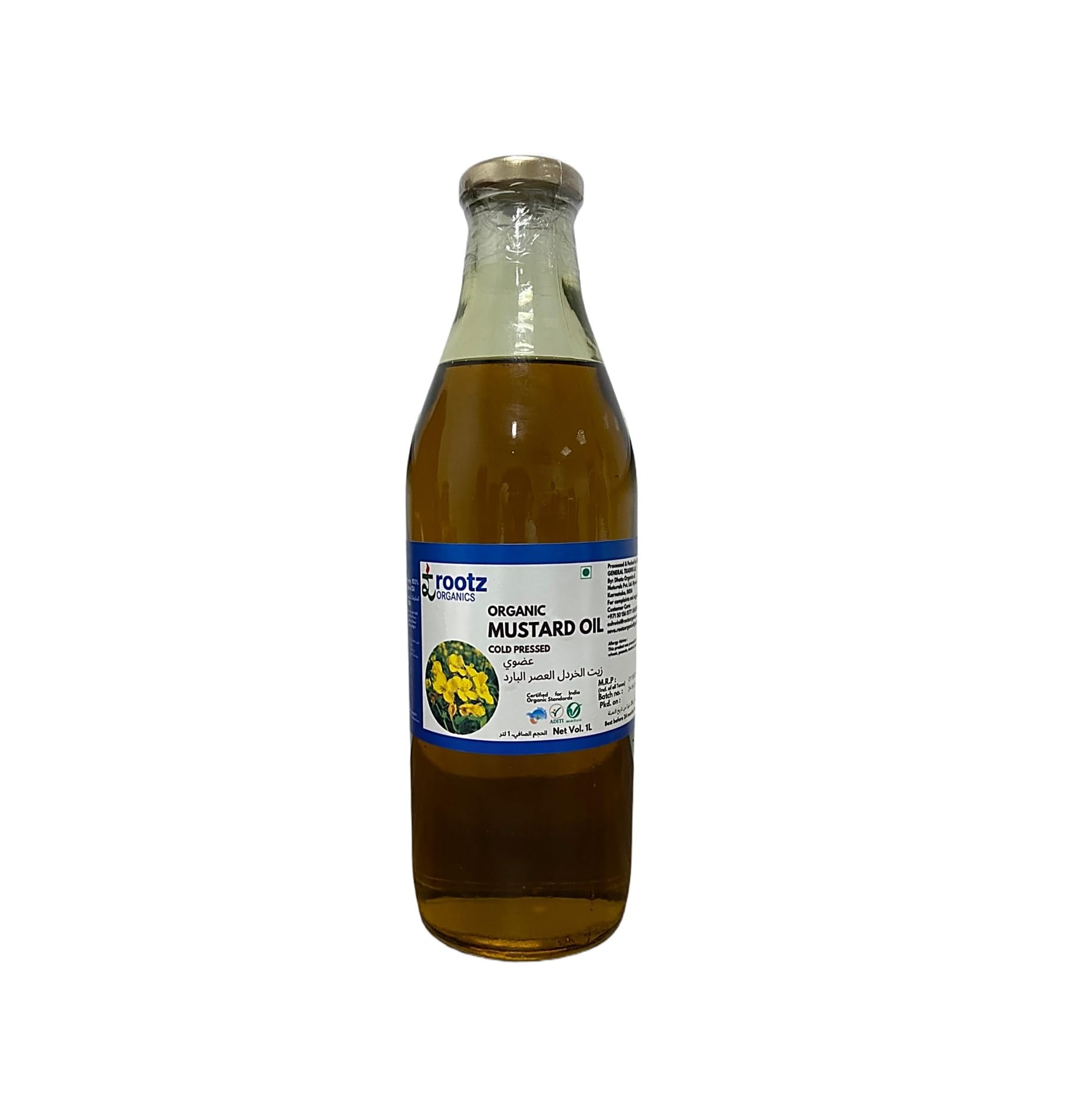 Rootz Organics Mustard Oil - Pure Cold Pressed - All Natural & Unrefined Oil for Cooking - 1 Litre