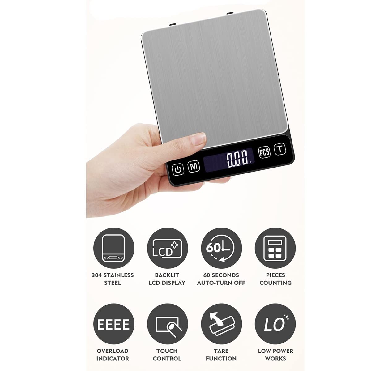 Báscula de cocina digital, báscula digital de cocina de alimentos de acero inoxidable, pantalla LCD grande, apagado automático, función de tara, báscula de cocina mini báscula electrónica ( Size : 500