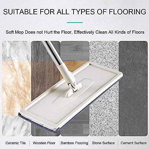 Image of Microfiber Flat Mop with Squeeze Bucket | Hands Free Floor Cleaning Mop with Self-Wringing System | Stainless Steel Handle, 2 Reusable Microfiber Pads | Wet & Dry Mop for Home | White Grey