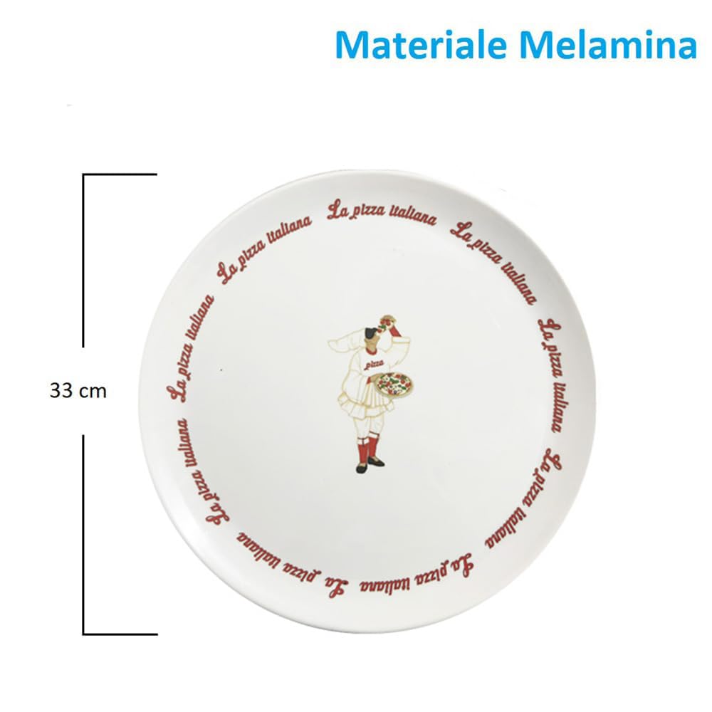 PALUPLUS Set 6 Piatti Pizza Rotondi in Melamina, Diametro 33 cm e Altezza 1,5 cm, Piatto con 3 Decorazioni, Infrangibili e Riutilizzabili, Fantasia Pulcinella -3757C