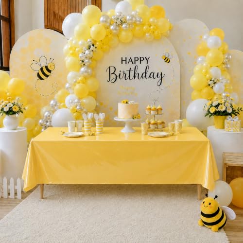 Image of Blue Orchards Yellow Plastic Table Cover (Pack of 3 with 20 Glue dots) - 54 inch x 108 inch - Bright Yellow Waterproof Disposable Tablecloth Decoration, Birthday, Baby Shower, Party Supplies, Wedding