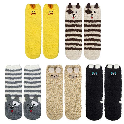 Image of Loritta Fuzzy Socks for Women, Soft Cozy Fluffy Christmas Socks | 5 Pairs, Super Warm Comfy, Cute Cat Dog Animal Pattern, Stretchy Cuff, Winter Holiday Gift, Home Sleeping, Stocking Stuffers