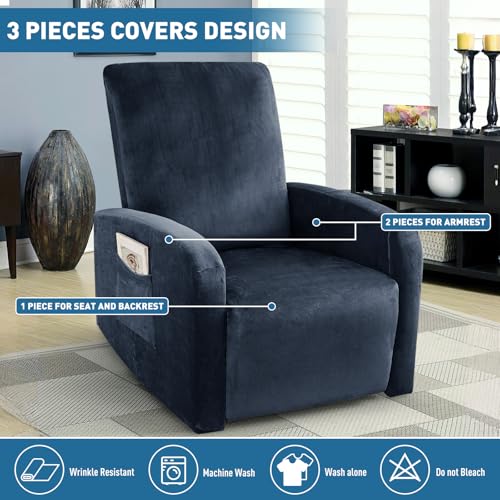 Image of ZNSAYOTX 2026 Velvet Small Recliner Cover 3-Piece, Luxury Plush Recliner Chair Covers with Elastic Band & Ties Stay in Place, Stretch Reclining Slipcover for Lazy Boy Soft Washable (Navy Blue)