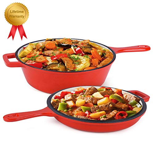 Enameled 2-In-1 Cast Iron Multi-Cooker – Heavy Duty 3.2 Quart Skillet and Lid