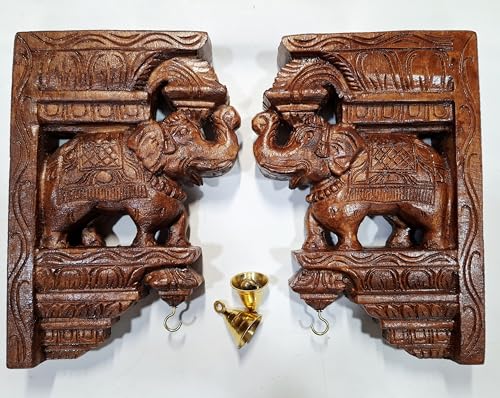 Image of Wooden Elephant Wall Bracket Pair 12 Inch | Hand Carved Brown Finish South Indian Corbels with Brass Bells | Traditional Wooden Wall Hanging Sculpture for Home & Pooja Room Decor (Set of 2)