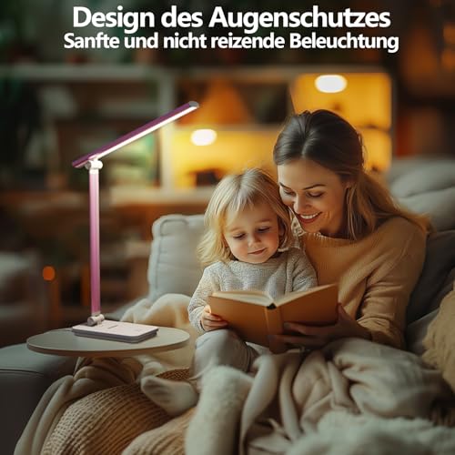 Chesbung Led Dimmable Desk Lamp with 5 Color and 10 Brightness Levels, Touch Control, Foldable, with USB Charging Port and Eye Protection (TD-Pink) - Image 3