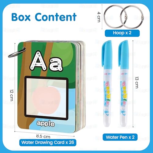 Image of Kidology Alphabet Water Coloring Cards for Kids | Reusable Mess-Free Aqua Painting Flash Cards | 26 ABC Learning Cards with 2 Water Pens, Metal Rings | Drawing, Tracing & Early Education Toy